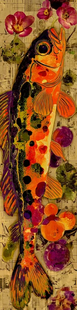 Free printable fish bookmark featuring thin fish with orange and gold